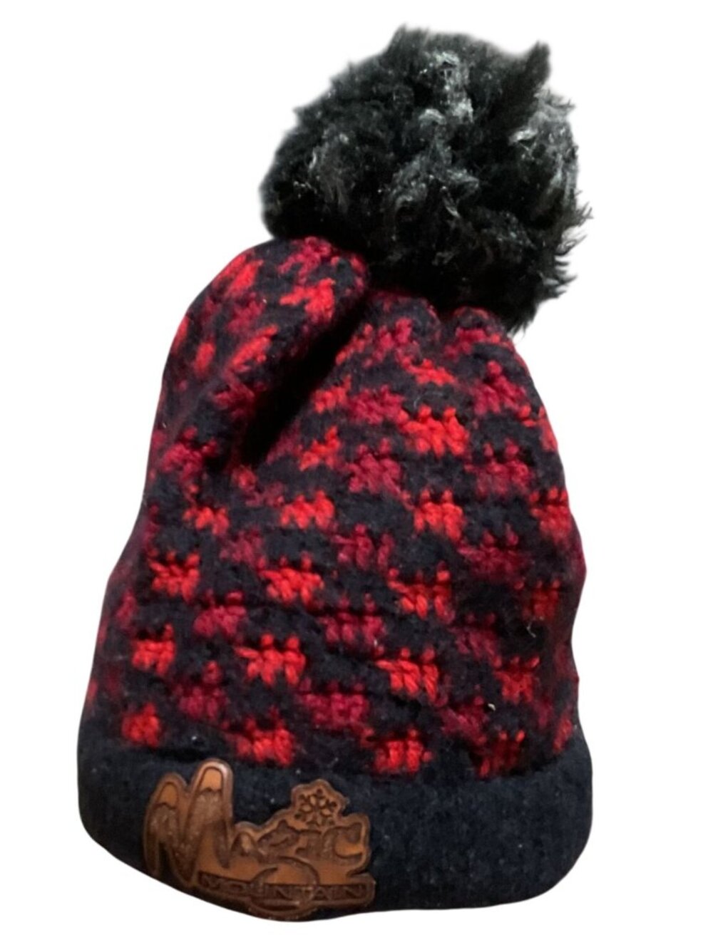 Magic Mountain Slouch Pom Beanie Red Black Knit Herringbone Winter Cotton